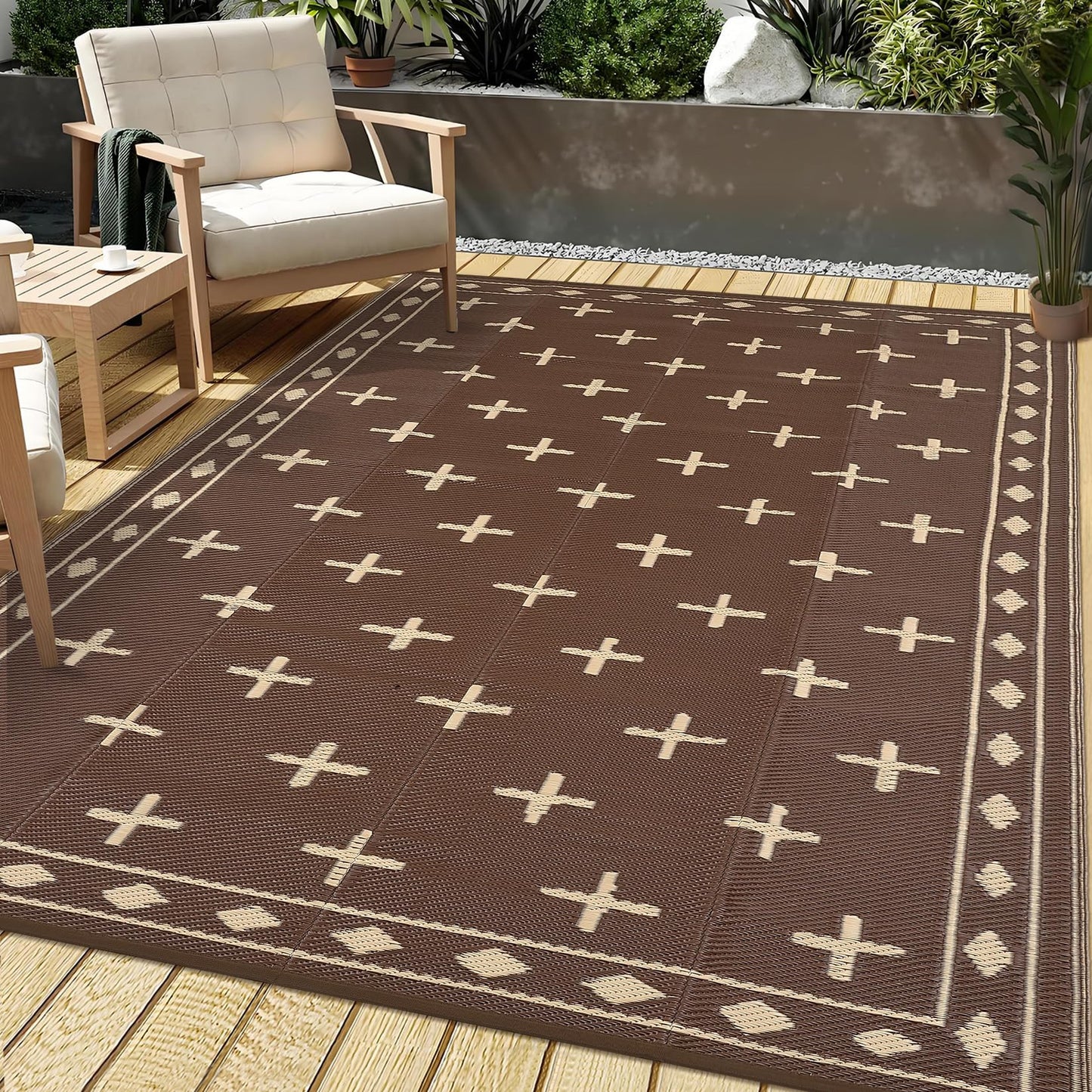 GarveeHome 8'x10' Outdoor Camping Rug – Waterproof, Sand-Free & Foldable – Portable RV Mat for Patio, Beach, Picnic – Reversible Plastic Floor Mat with Carry Bag, UV Resistant, Brown