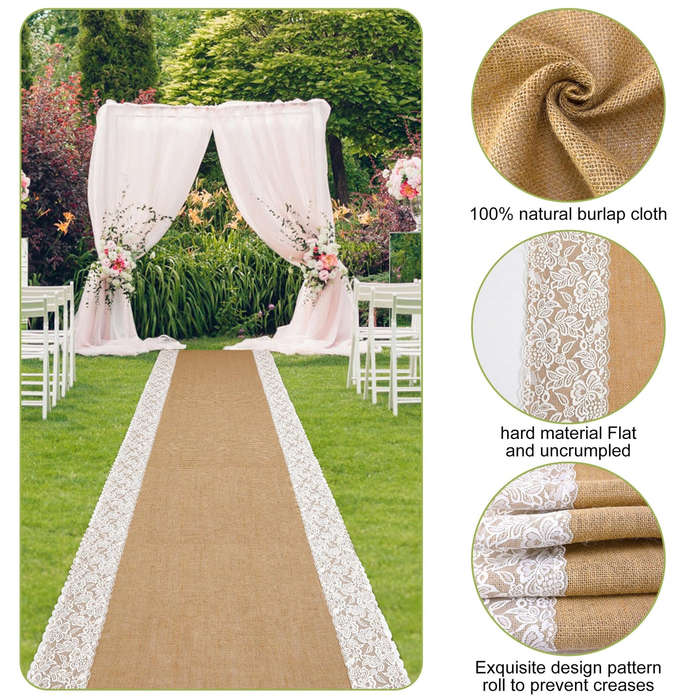moonoom 20 Ft x 36 in Natural Burlap Wedding Aisle Runner, Rustic Jute Weddings Runway Carpet with Lace, Ceremony Burlap Carpet Roll for Beach Garden Church Reception Craft Decor