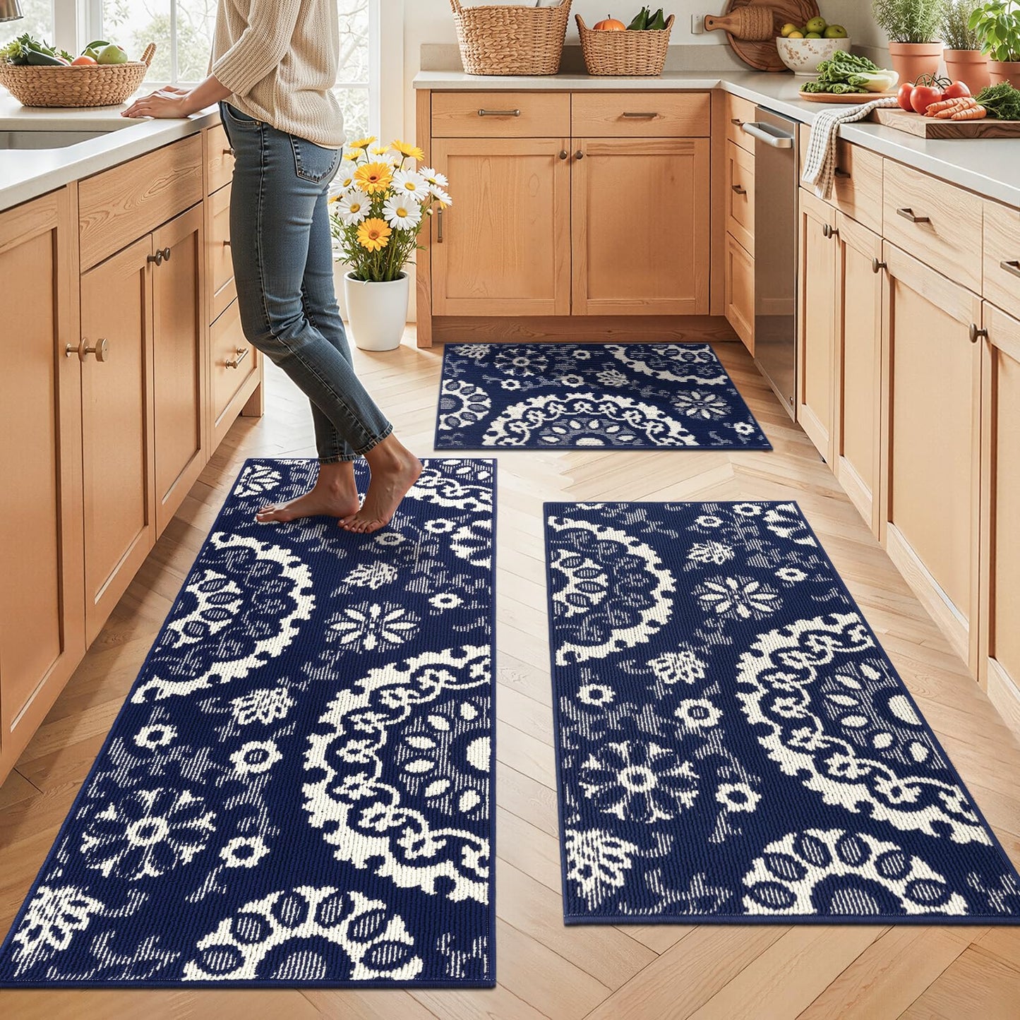Yamaziot Washable Kitchen Rug Sets of 3, Non Slip Kitchen Mats High-Low Textured Kitchen Runner Rugs Stain Resistant Absorbent Floor Carpet for Hallway, Laundry, Sink (Navy Blue, 2x3+2x4+2x5ft)