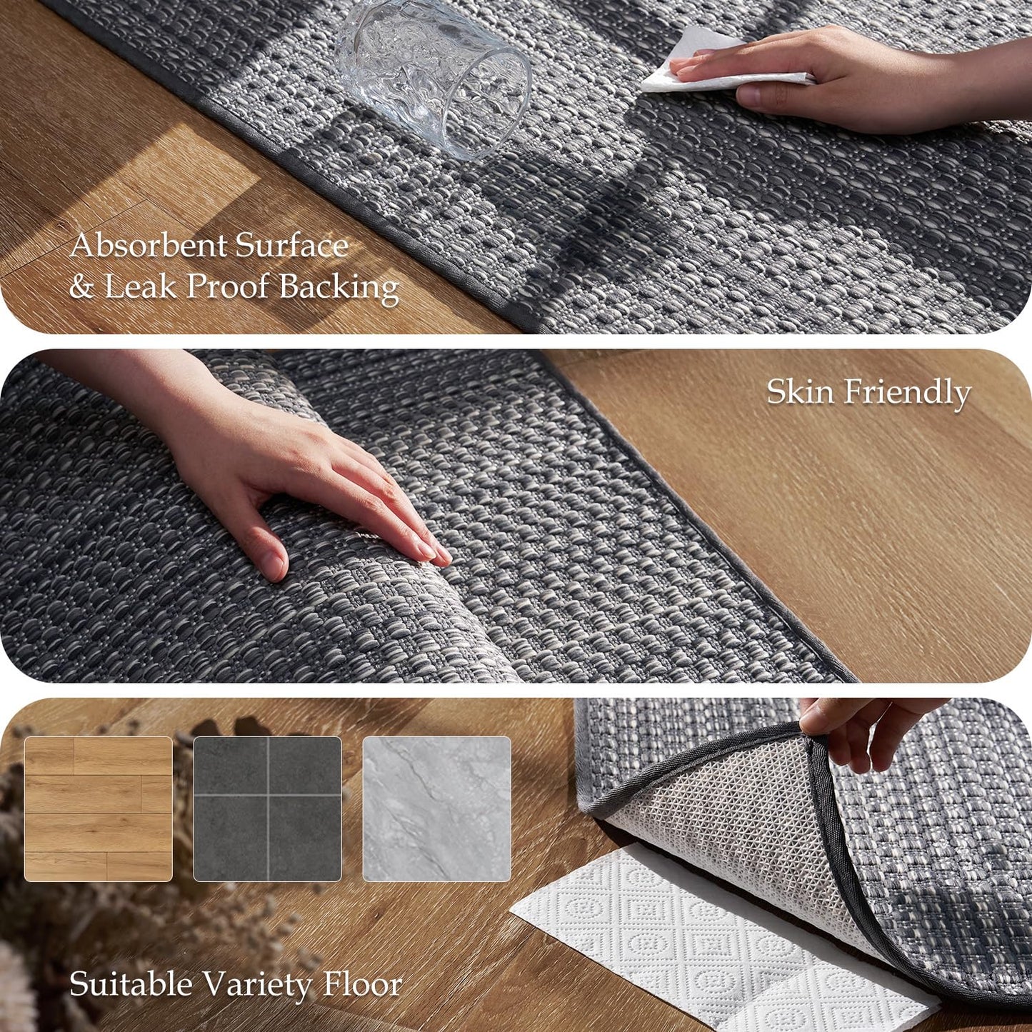 Thin Kitchen Rugs Non Slip Washable,Low Profile Kitchen Mats for Floor In Front of Sink,Dishwasher, Refrigerator, Tile & Hardwood Floors,Absorbent Easy Care Thin Runner Kitchen Floor Mat,17"*47",Grey