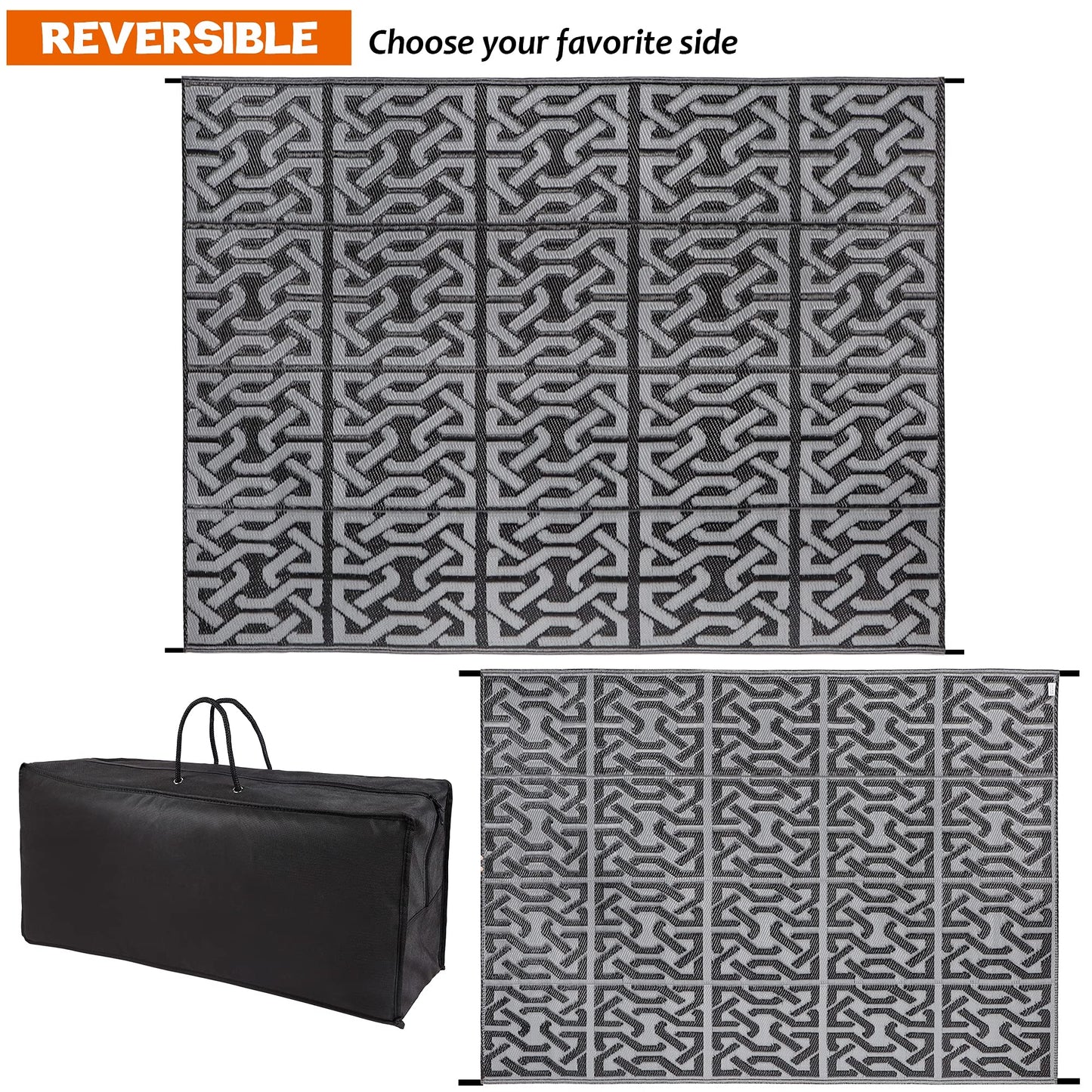 SAND MINE Reversible Mats, Plastic Straw Rug, Modern Area Rug, Large Floor Mat and Rug for Outdoors, RV, Patio, Backyard, Deck, Picnic, Beach, Trailer, Camping (9' x 12', Black & Grey)