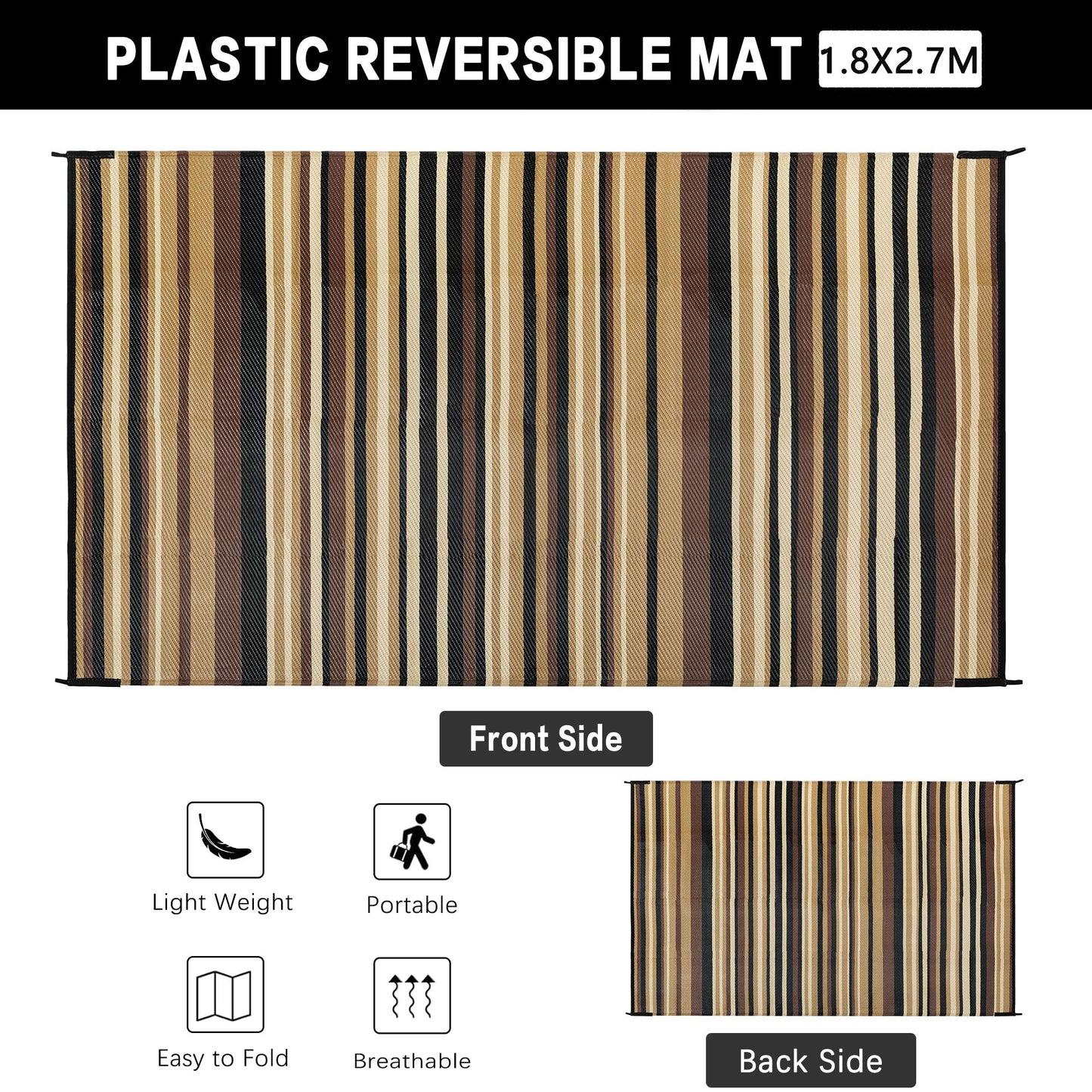 WondRg Outdoor Plastic Straw Rug Waterproof Patio 6x9 Brown Black Stripe Mat for Porch Camping RV Balcony Deck Courtyard Reversible Lightweight Durable Portable Carpet