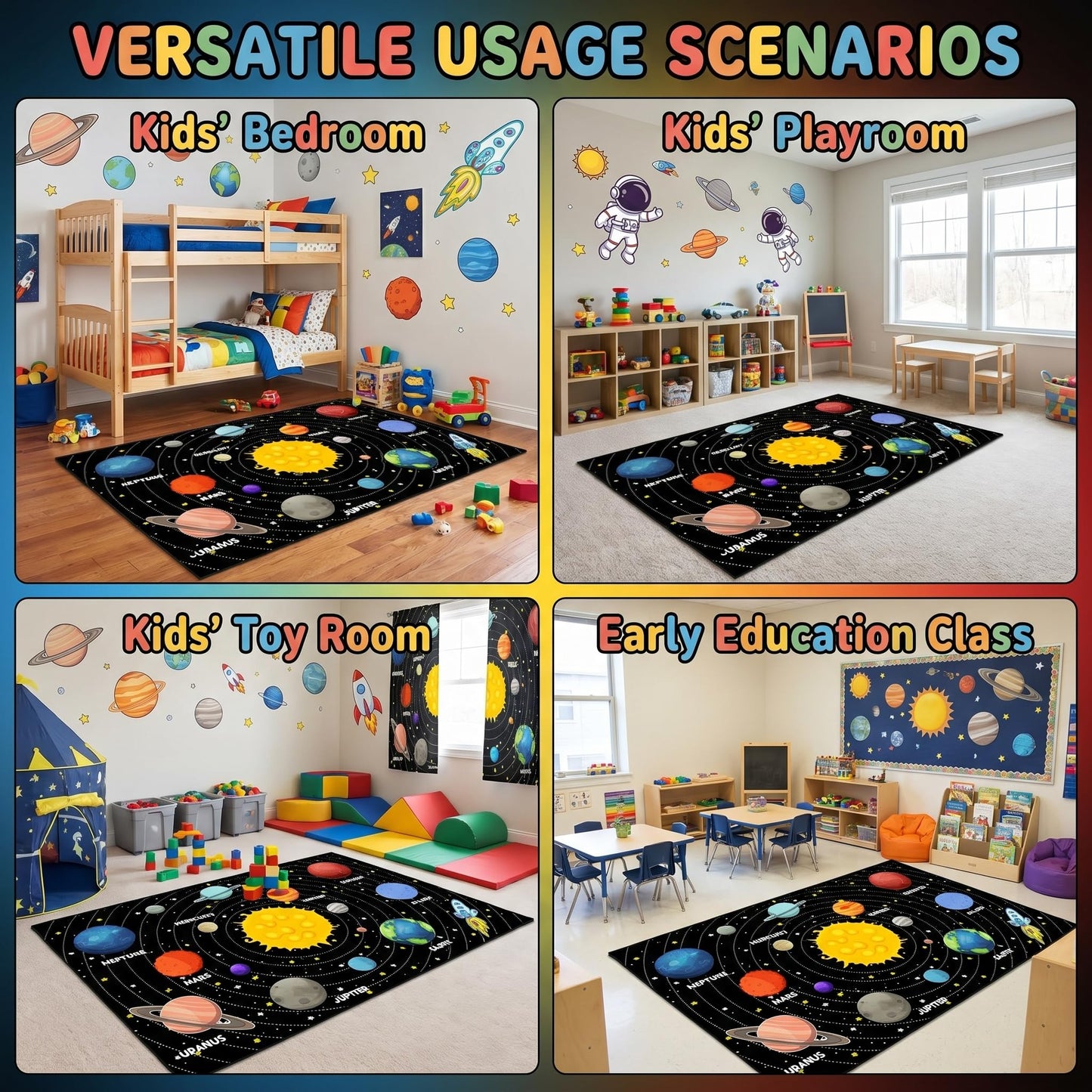 Planet Rug Space Adventure Theme Boys Bedroom Carpet Galaxy Floor Mat with Solar System Planets Galaxy Decor Kids Playroom Educational Rug, 3'×5'