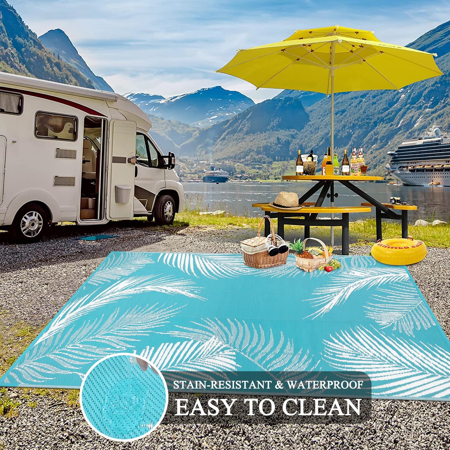 Pauwer Waterproof Outdoor Rug 5x8, Reversible Plastic Straw Patio Camping Rug, Indoor Outdoor RV Mat Carpet for Deck, Camper, Porch, Balcony, Backyard, Picnic, Leaf Teal