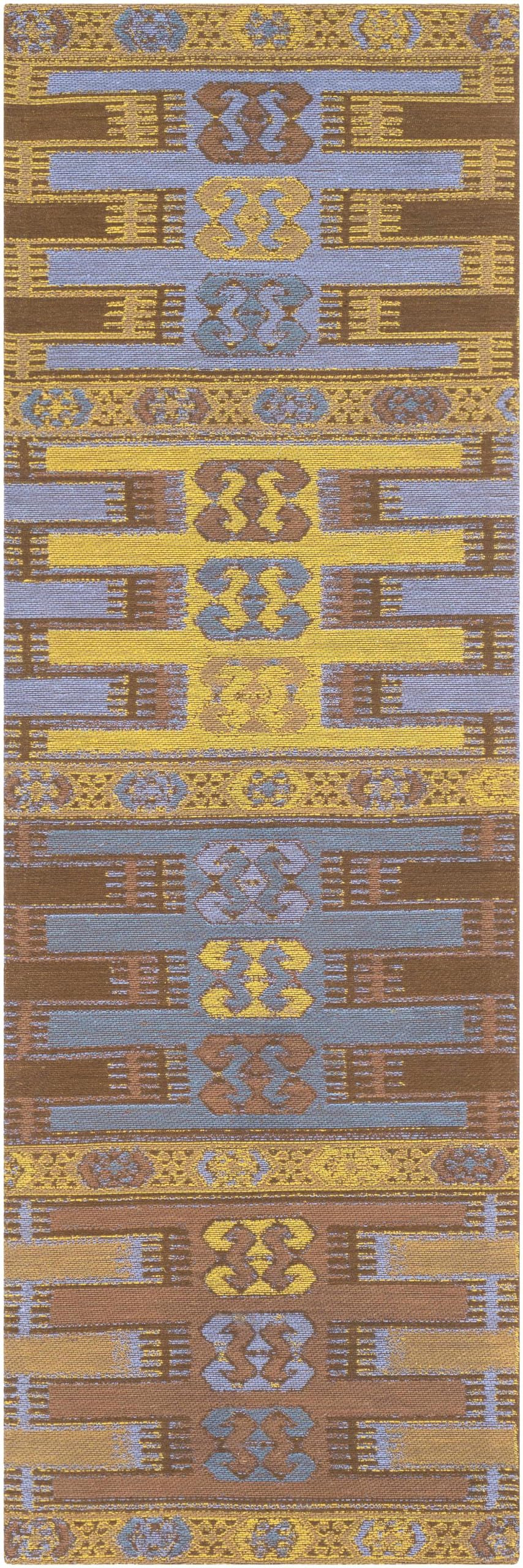 Hauteloom Bearden Recycled Material Area Rug - Geometric Striped Patchwork Abstract Border - Traditional Transitional Tribal Mid-Century Modern - Dark Red, Olive, Light Blue, Yellow, Brown - 2' x 3'