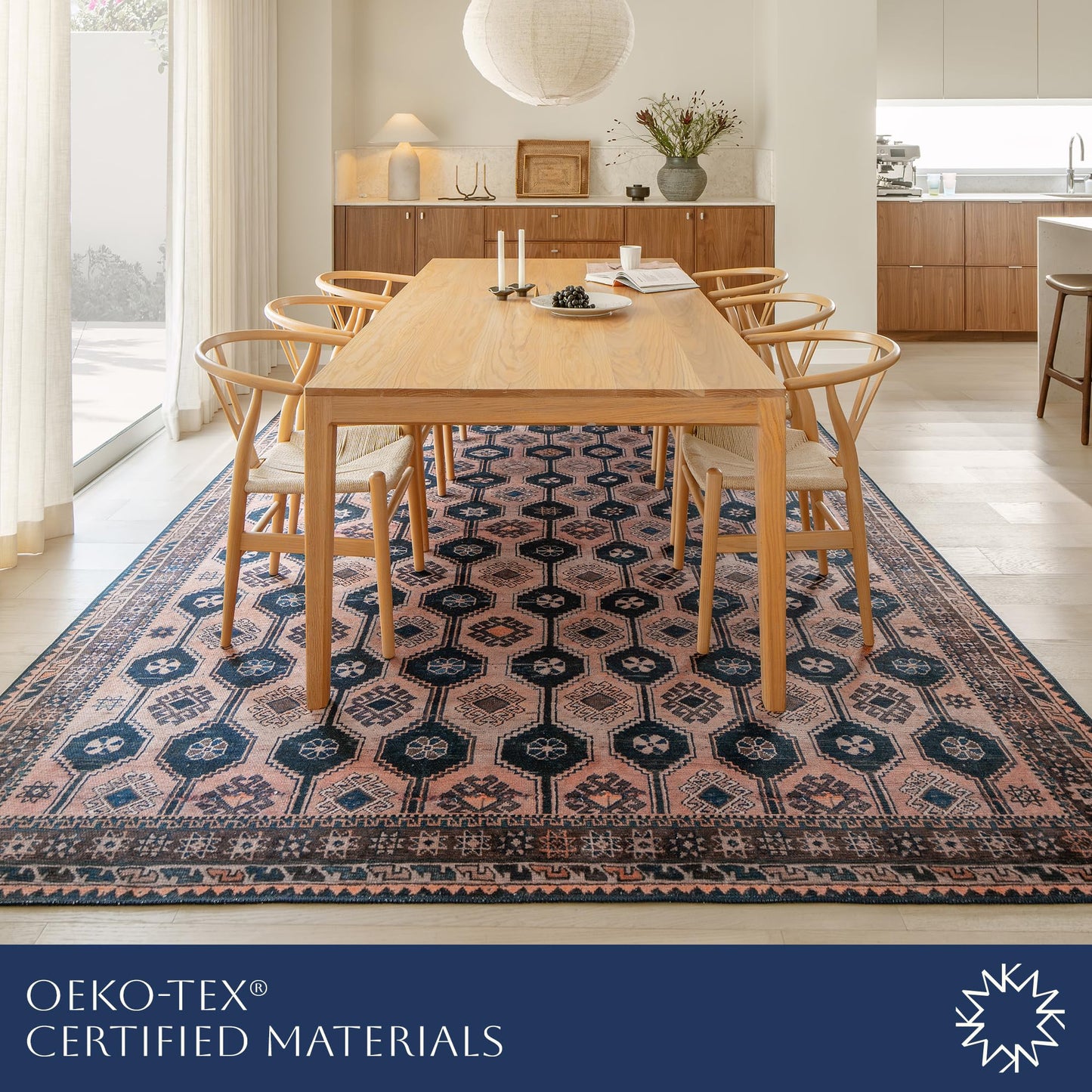 KNOTTING MATTERS Indiclay 7’6” x 9’6” Area Rug – Blush Pink & Deep Navy Heritage Flatweave, Low-Pile – Easy Clean Area Rug – Perfect for Living Room, Dining Room, Bedroom – Pet & Kid Friendly