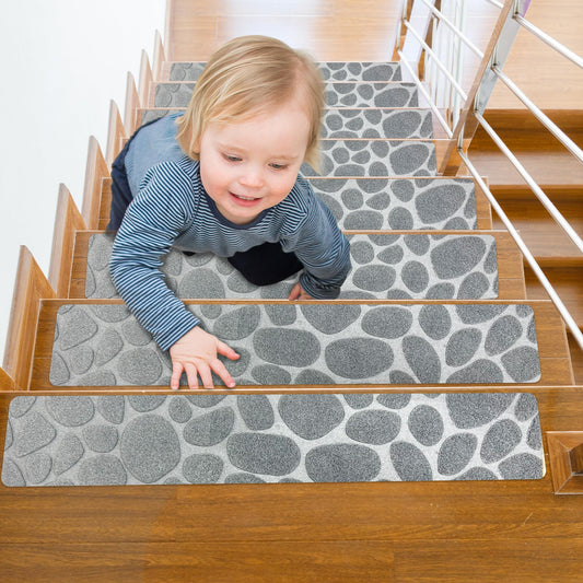 Self Adhesive Residue Free Machine Washable Reusable Stair Treads Non Slip Steps - 100% Polyester Heavyduty TPE Backing Wooden Stair Runner Indoor - 15 Pack 30"X8" Anti Slip Mats - Stone Grey