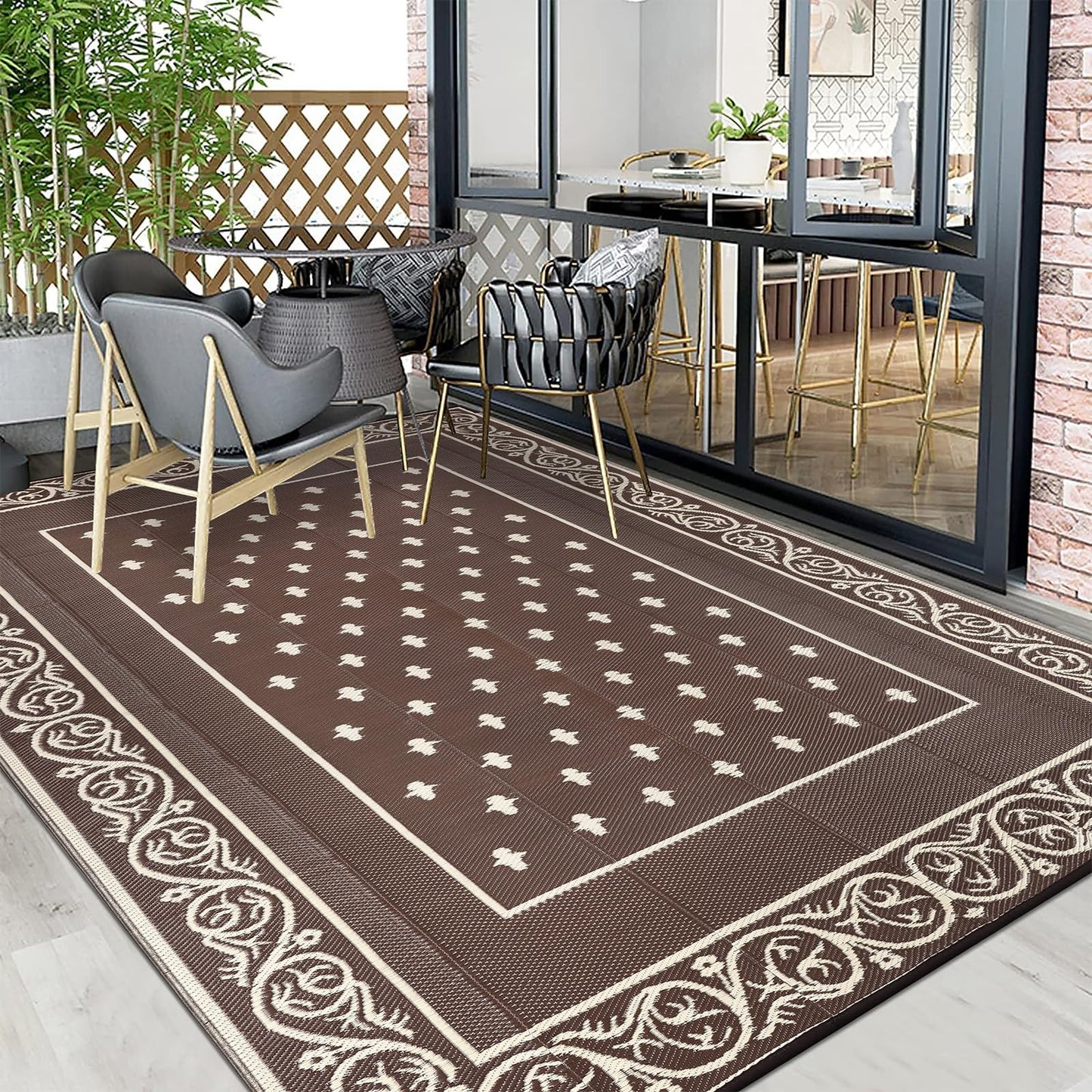 Pauwer Waterproof Outdoor Rug 8x10, Reversible Plastic Straw Patio Camping Rug, Indoor Outdoor RV Mat Carpet for Deck, Camper, Porch, Balcony, Backyard, Picnic, Bordered Brown