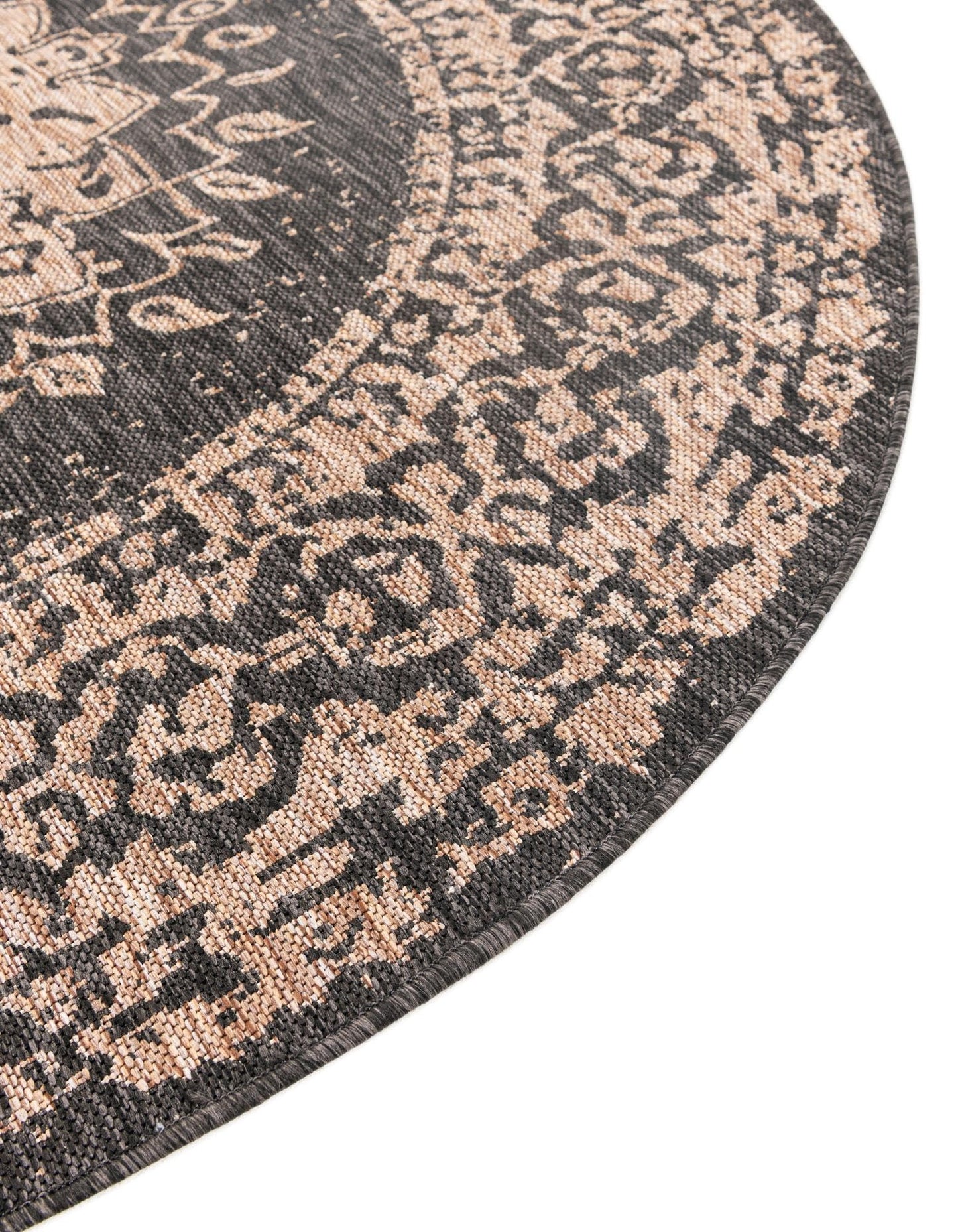 Rugs.com Outdoor Traditional Collection Rug – 6 Ft Round Black Flatweave-Pile Rug Perfect for Kitchens, Dining Rooms