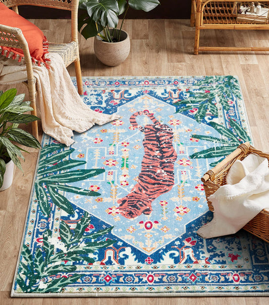Aldopein Washable Oriental Rugs Boho Vintage Tropical Jungle 5x7 Area Rugs Thin Plant Oriental Carpet for Bedroom Kitchen Dining Living Room Office Distressed Indoor Entry Floor Rug
