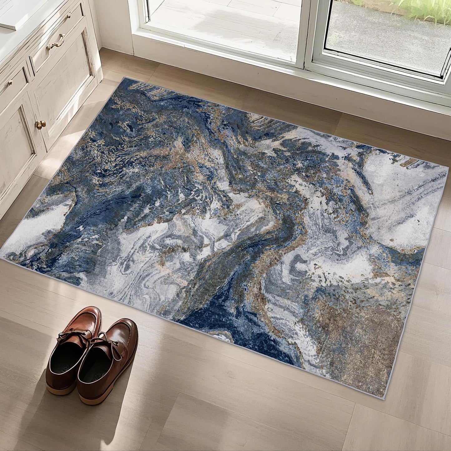 Blue Washable 2x3 Entryway Rug: Modern Abstract Small Area Rug for Kitchen Bathroom Bedroom - Soft Floor Mat Stain-Resistant Thin Low Pile Pet Friendly