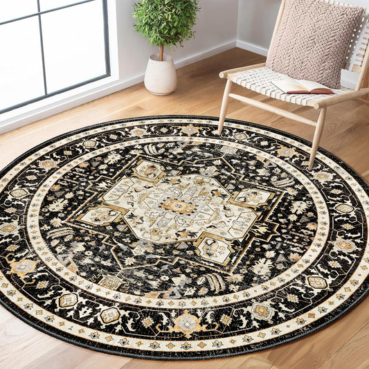 MUJOO Round Rug 5ft,Black Circle Area Rug Washable,Boho Circular Rugs for Bedroom Living Room,Non Slip Throw Carpet Soft Vintage Black and Gold Floral