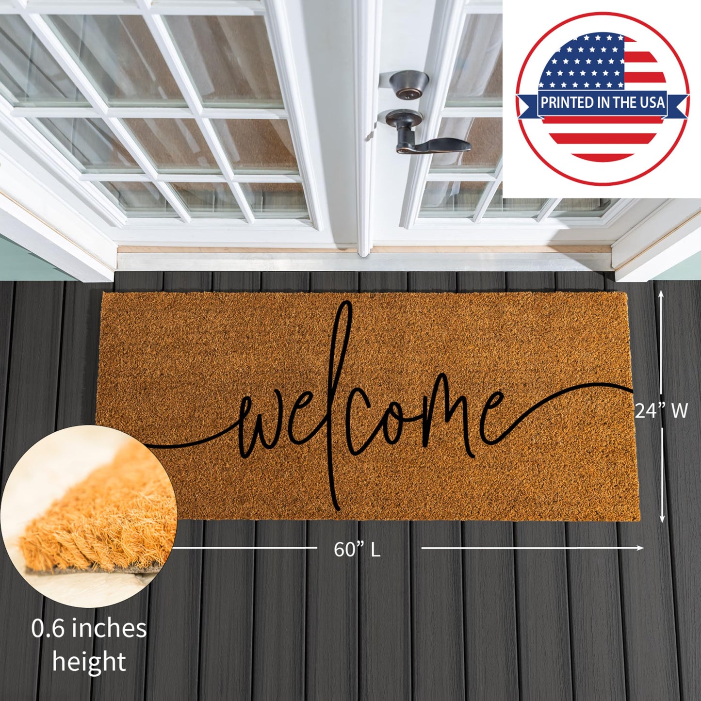 Evergreen Nature Coir Doormat, 2'x5' Large Welcome Mats for Double Doors, Outdoor Indoor Entrance Rug, Non-Slip Front Door Mat for Outside Porch Patio (Coastal Welcome, 60"x24")