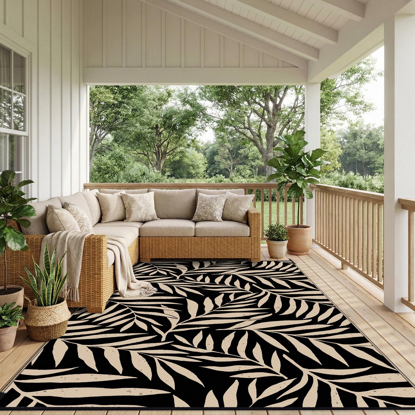 Smiry Outdoor Rug 8x10 ft, Waterproof Reversible Plastic Straw Rugs, Outdoor Area Rug with Leaf Pattern, Outside Floor Mat for Patio, Backyard, Deck, Picnic, Beach, Camping, Black & Beige