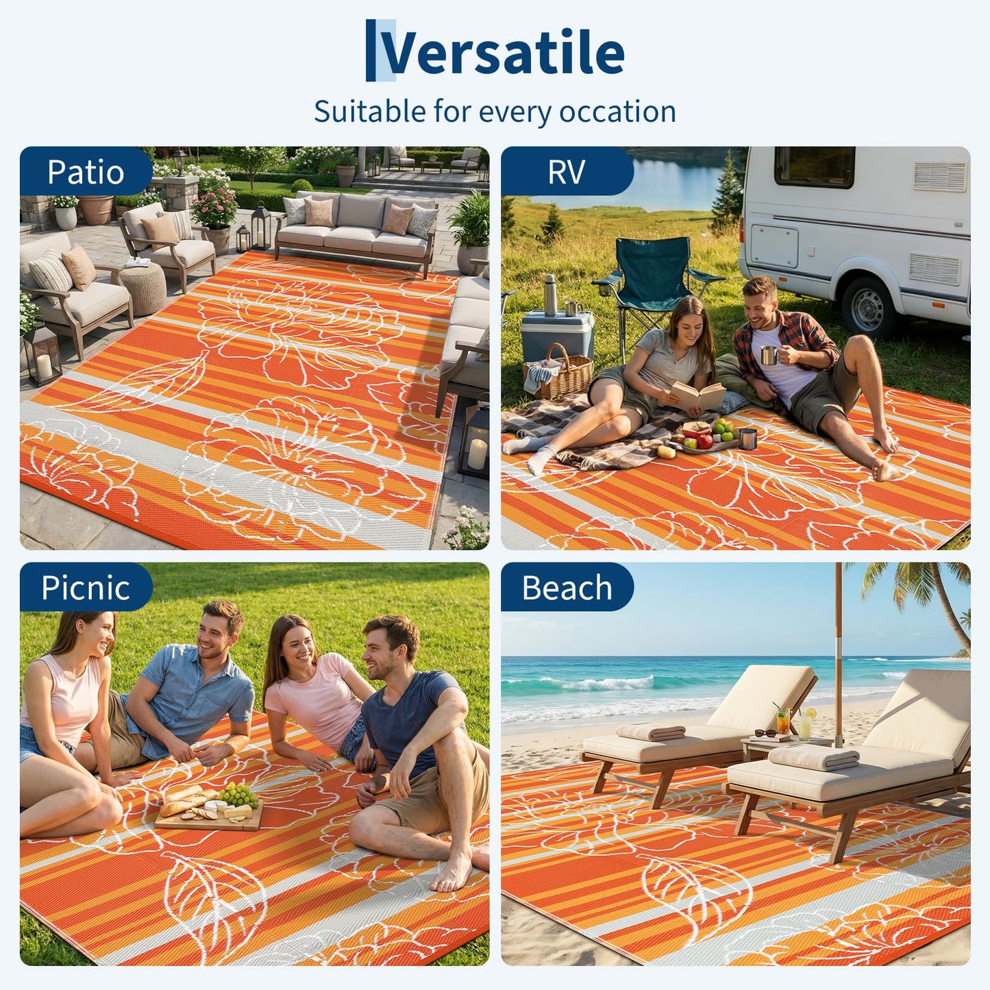 Garvee 5x8 Outdoor Waterproof Rug, Floral Outdoor Area Rug，Reversible Plastic Straw Patio Rug, Portable Camping Mat for RV, Picnic, Beach, Balcony, Garden & Camping Orange