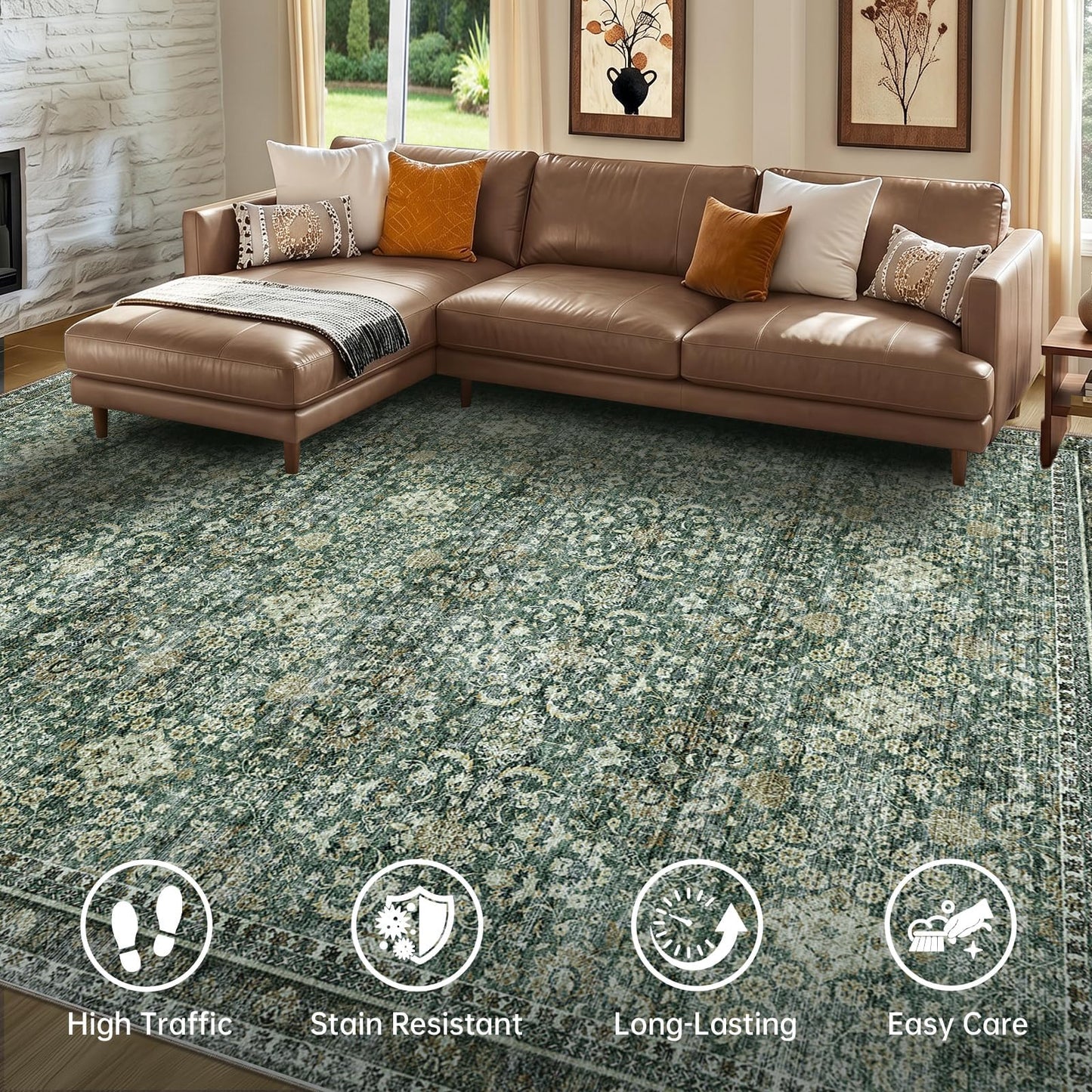 Sasttie 4x6 Area Rug, Ultra-Soft Washable Rug, Low Pile Foldable Thin Carpets with Non-Slip Backing, Skin-Friendly Stain Resistant Carpet for Living Room, Bedroom, Kitchen, Dorm, 4x6, Dark Green