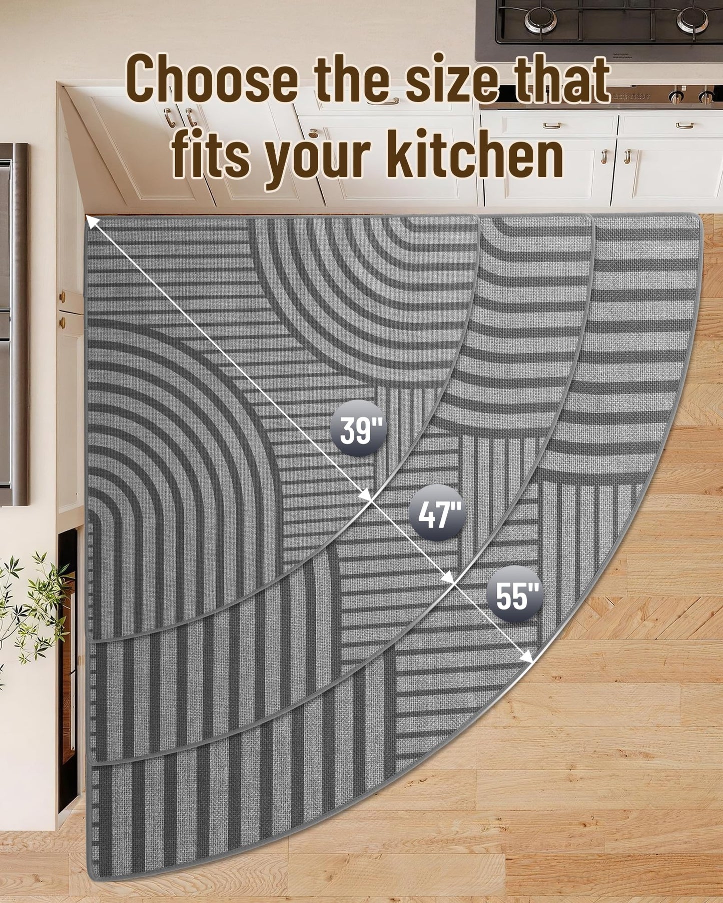 Carvapet Corner Kitchen Rug for Sink Area, Non Slip Washable Absorbent Sector Floor Mat with Rubber Backing, Imitation Linen Braided Kitchen Carpet, Radius 47", Grey
