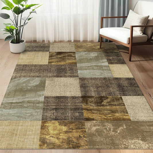 3×5 Washable Modern Checkered Abstract Area Rugs,Non-Slip Backing with High Traffic Carpet for Bedroom,Living Room,Office,Dining Room and Farmhouse,Brown and Lt.Yellow