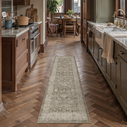 PureCozy 2x6 Washable Runner Rug for Hallway Kitchen Brown Gray Vintage Low Pile Carpet Non Slip Soft Distressed Indoor Floral Accent Retro Long Rug for Laundry Entryway Bathroom Bedroom Living Room