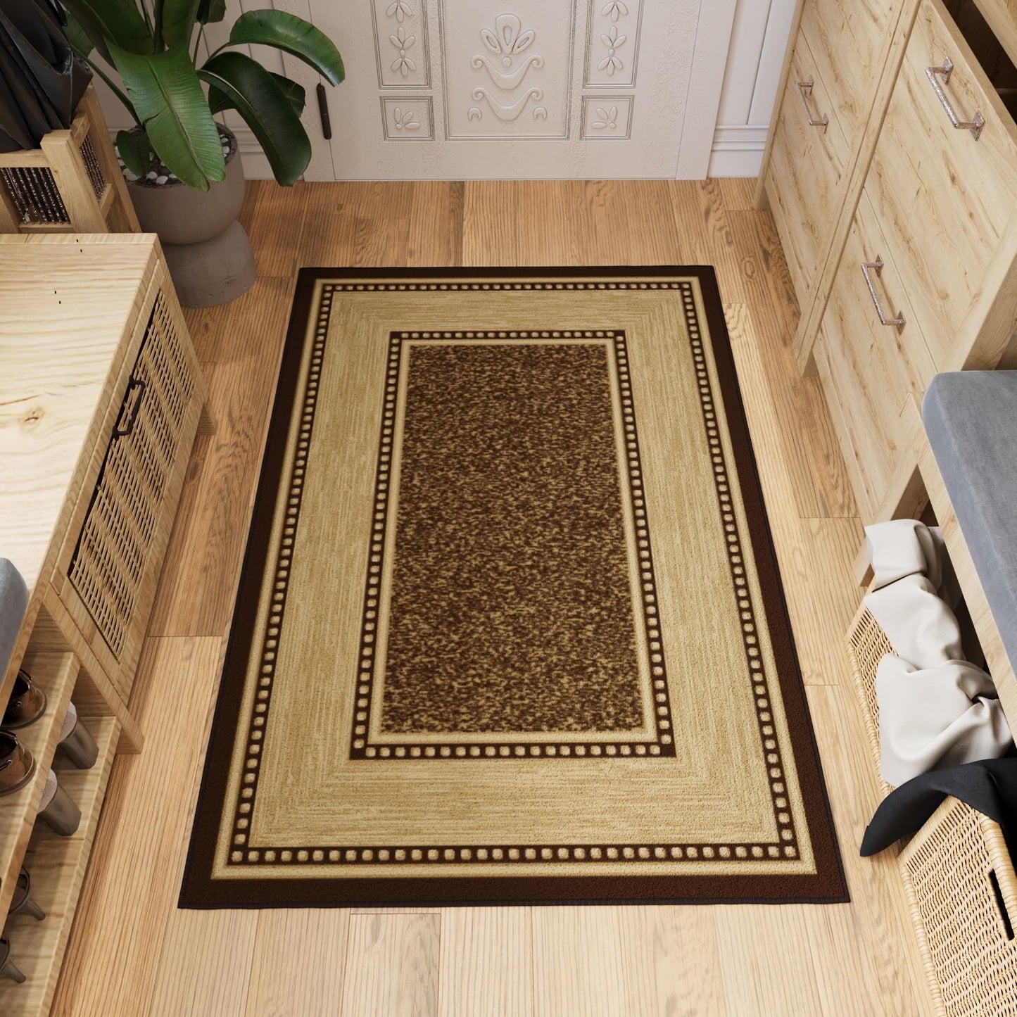 Ottomanson Area Rug 3'3" x 4'7" – Non Slip Rubber Backed Indoor Rug, Low Pile Accent Rug for Living Room, Bedroom, Entryway, Kitchen, Durable Floor Carpet, Border Brown