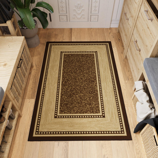 Ottomanson Area Rug 3'3" x 4'7" – Non Slip Rubber Backed Indoor Rug, Low Pile Accent Rug for Living Room, Bedroom, Entryway, Kitchen, Durable Floor Carpet, Border Brown