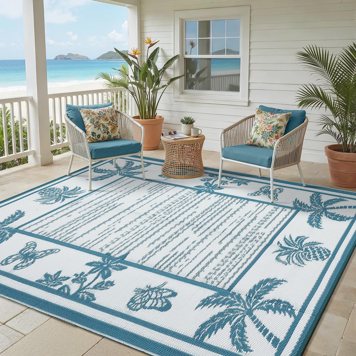 Garvee Outdoor Rug 5x8 Waterproof for Patios, Reversible Plastic Straw Rug, Tropical Leaf Indoor Outdoor Rugs, Large Area Rug for RV, Camping, Deck, Picnic Mat, Outside Carpet, Blue & White
