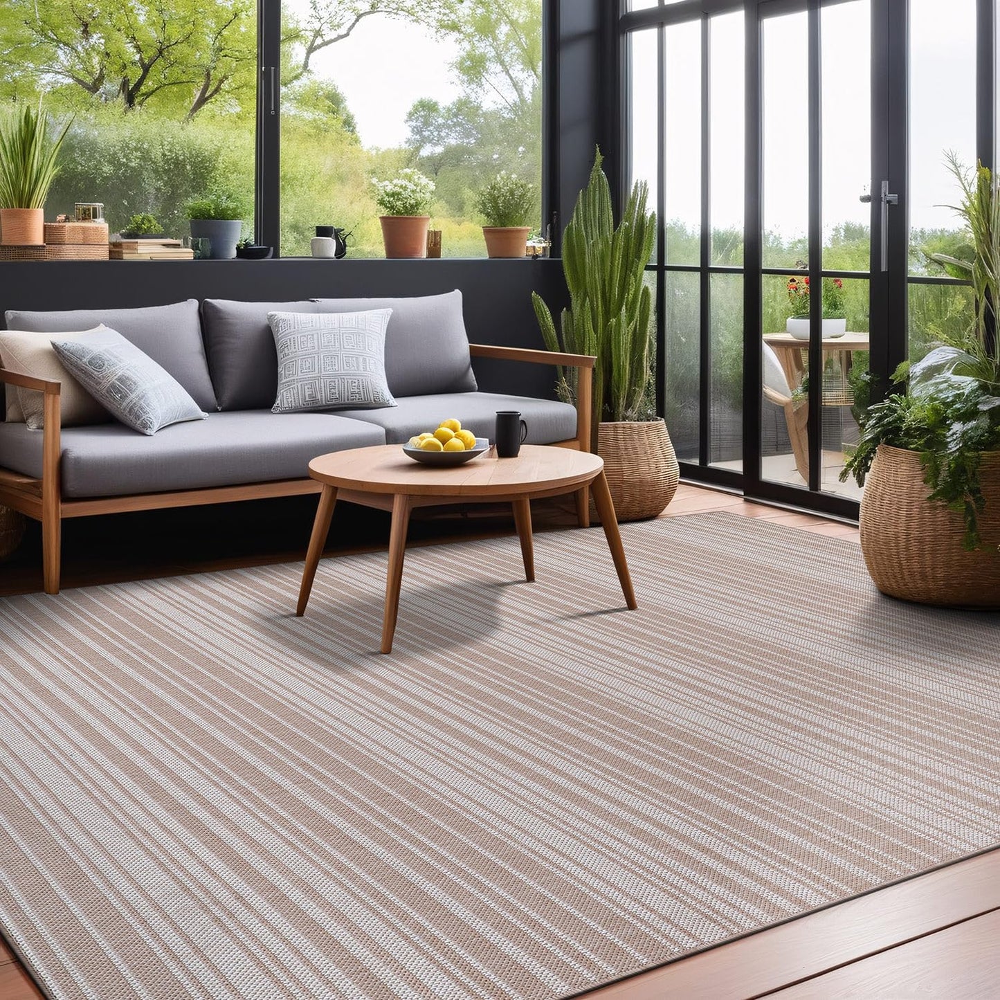 Luul Home Stripe Outdoor Rug 8x10 Washable Outside Carpet for Indoor Patio Porch Waterproof Easy Cleaning Non Shedding Area Rugs Beige 8 x 10
