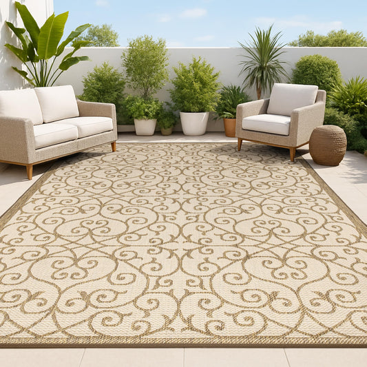 JONATHAN Y Vintage Filigree Indoor Outdoor Area Rug 3X5 Beige/Brown, Madrid Textured Weave for Backyard, Patio, Porch, Easy-Cleaning, High Traffic, Pet-Friendly, Non-Shedding (SMB107B-3)
