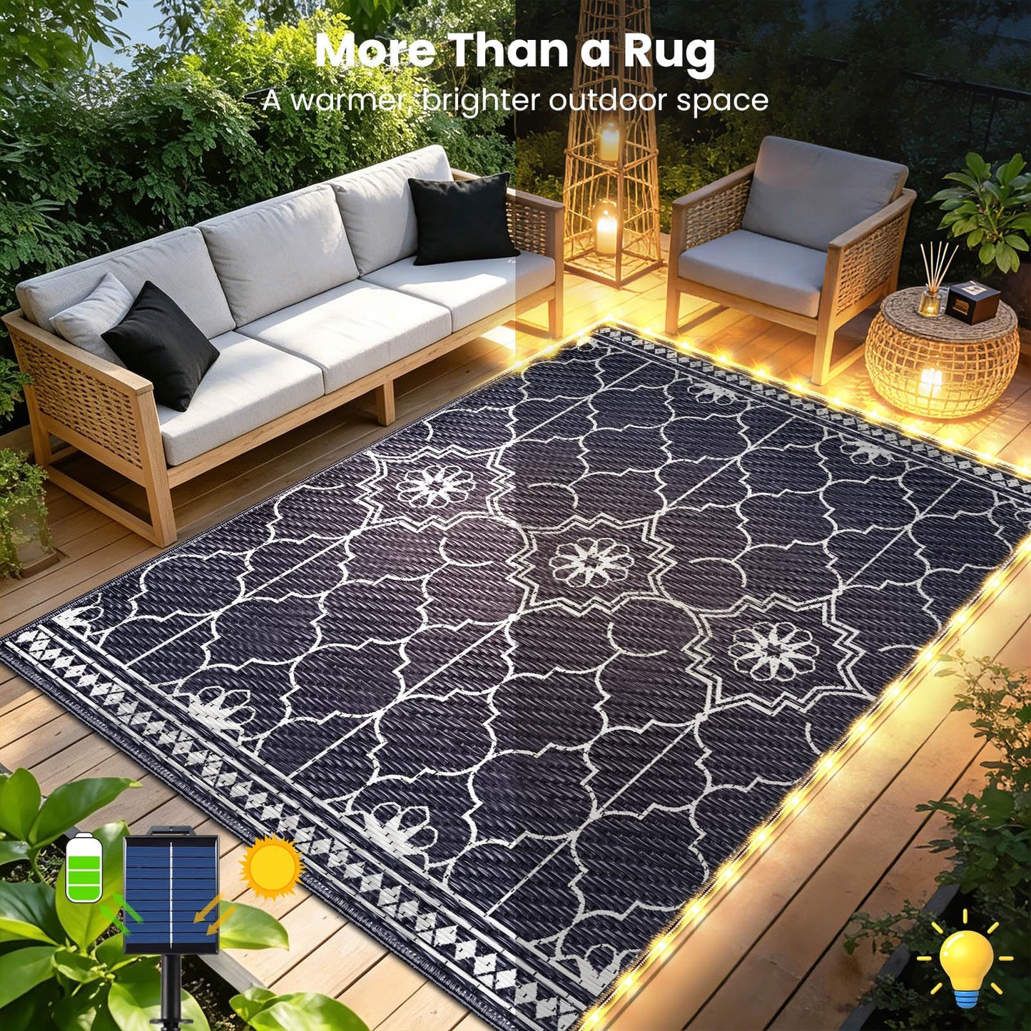 6x9Ft Outdoor Rug, Solar Powered Outdoor Rug with 94LEDs Strip Lights for House Deck, Waterproof Plastic Reversible Outdoor Straw Rugs, Rugs Mat RV Camping Patio Beach Balcony Picnic (Blue White)