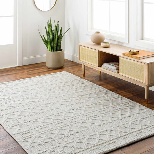 Hauteloom Canta Recycled Material Area Rug - Geometric Diamond Trellis Lattice Greek - Bohemian Transitional Modern Contemporary Farmhouse - Beige, Ivory, Cream, Neutral, Off - 27" x 45"