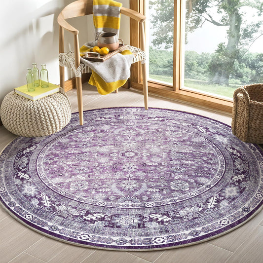 OPPODREAM Vintage Purple Round Rug 5ft, 5 ft Retro Washable Circle Rug Non Slip, Low-Pile Faux Wool Circular Carpet, Distressed Floor Mat for Living Room, Bedroom, Office, Dorm, Dinning Room