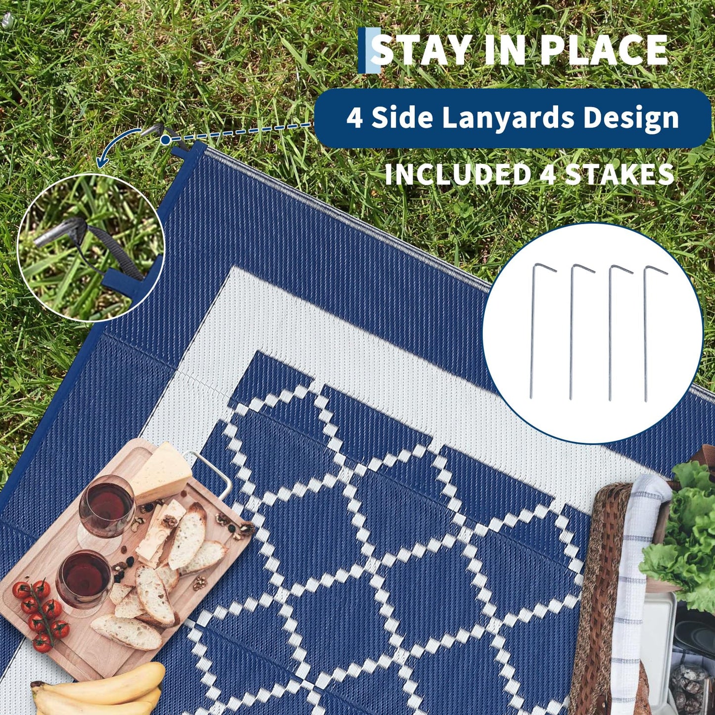 COZYLOOM Outdoor Patio Rug 9x18 Waterproof Reversible Plastic Straw Mat, Large Indoor Outdoor Rugs Modern Area Rug for Deck, Balcony, Pool, Camping, Beach, Picnic, Porch, RV, Navy&White