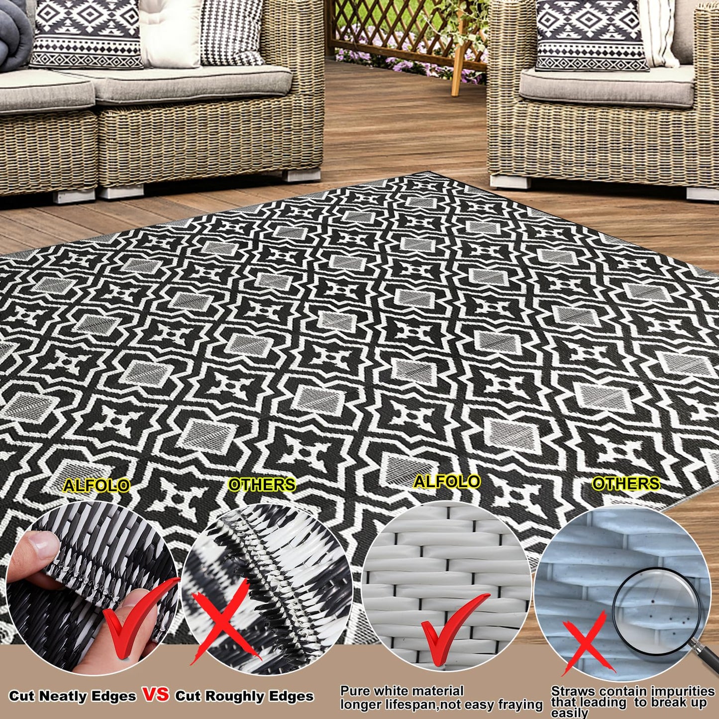 Alfolo Outdoor Rugs for Patio Rv Mats Waterproof Outdoor Rug 9x18 Large Camping Rug Reversible Tightly Woven Plastic Straw Rug Rugs, Clean Easily Mat for RV, Deck, Camping,Pool, Rv Essentials