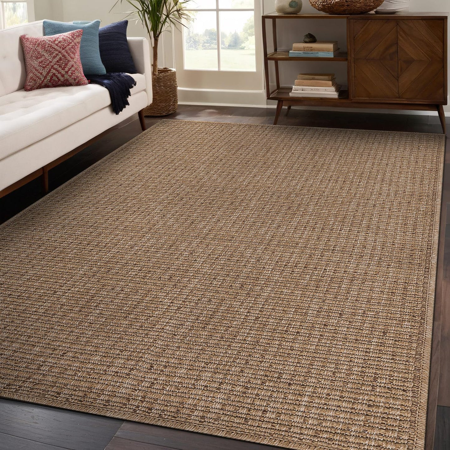 Beverly Rug Easy Jute Natural Rug 6x9 Solid Washable Durable Outdoor Indoor Area Rugs for Living Dining Room Patio Office Stain Resistant Non Shedding Casual Indoor Outside Carpet (6 x 9 Natural)