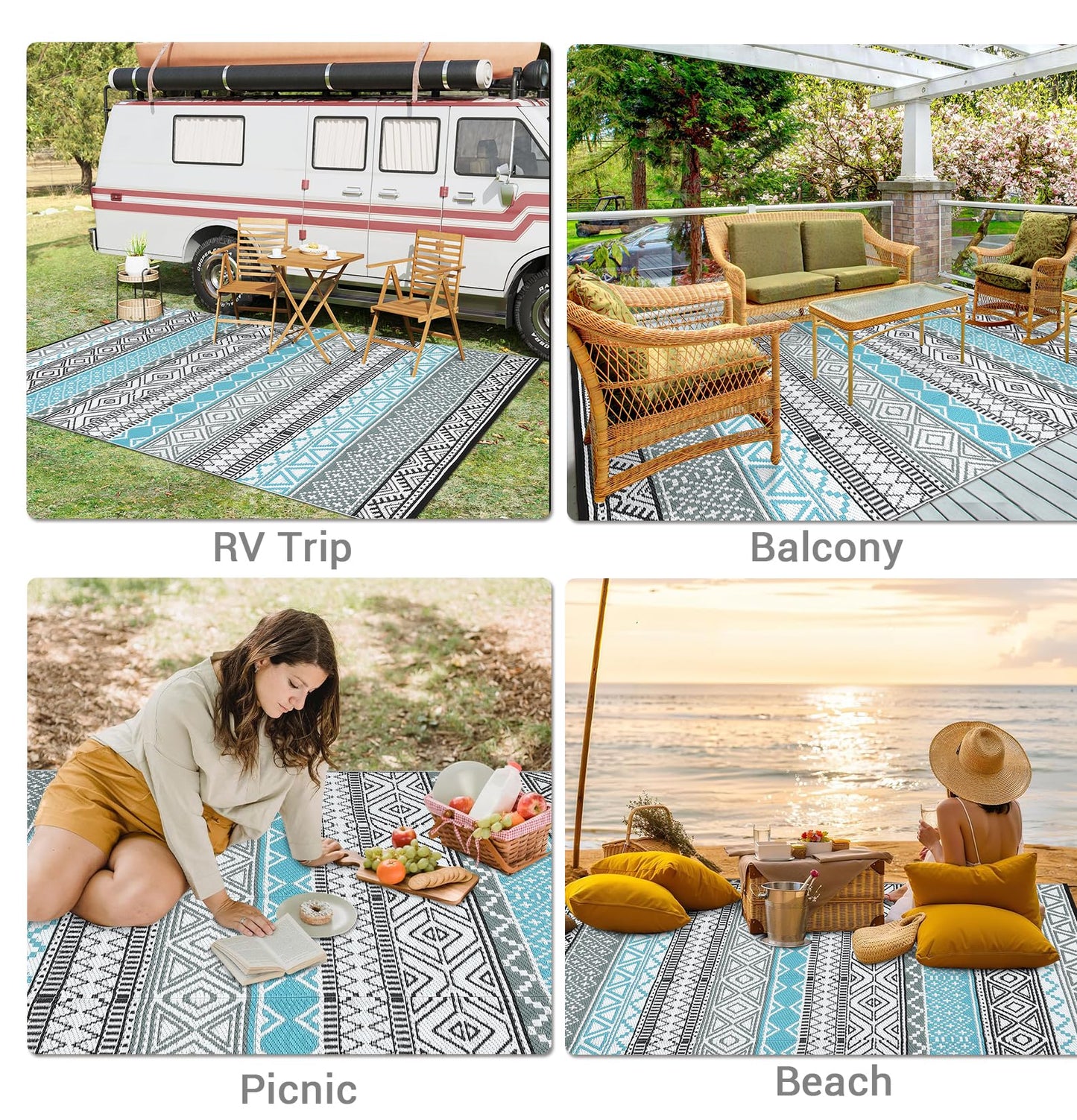 GlowSol Outdoor Rugs 9x12 Waterproof Portable Camping Carpet, Reversible Outdoor Plastic Straw Rug for Patio, RV Mat Bohemian Outdoor Rugs for Porch, Deck, Backyard, Balcony, Picnic,Blue/Grey