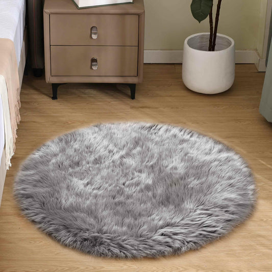 Goolela Grey Round Rug 3ft Fluffy Faux Sheepksin Fur Rug Fuzzy Gray Bedside Rugs for Bedroom Living Room Plush Soft Circle Shag Carpet