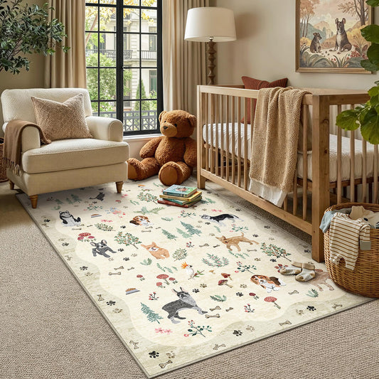 PureCozy 4x6 Entryway Area Rug Washable Floral Animal Office Carpet Non Slip Low Pile Stain Resistant Door Mat Soft Beige Dog Printed Throw Floor Cover for Kitchen Bedroom Living Dining Room