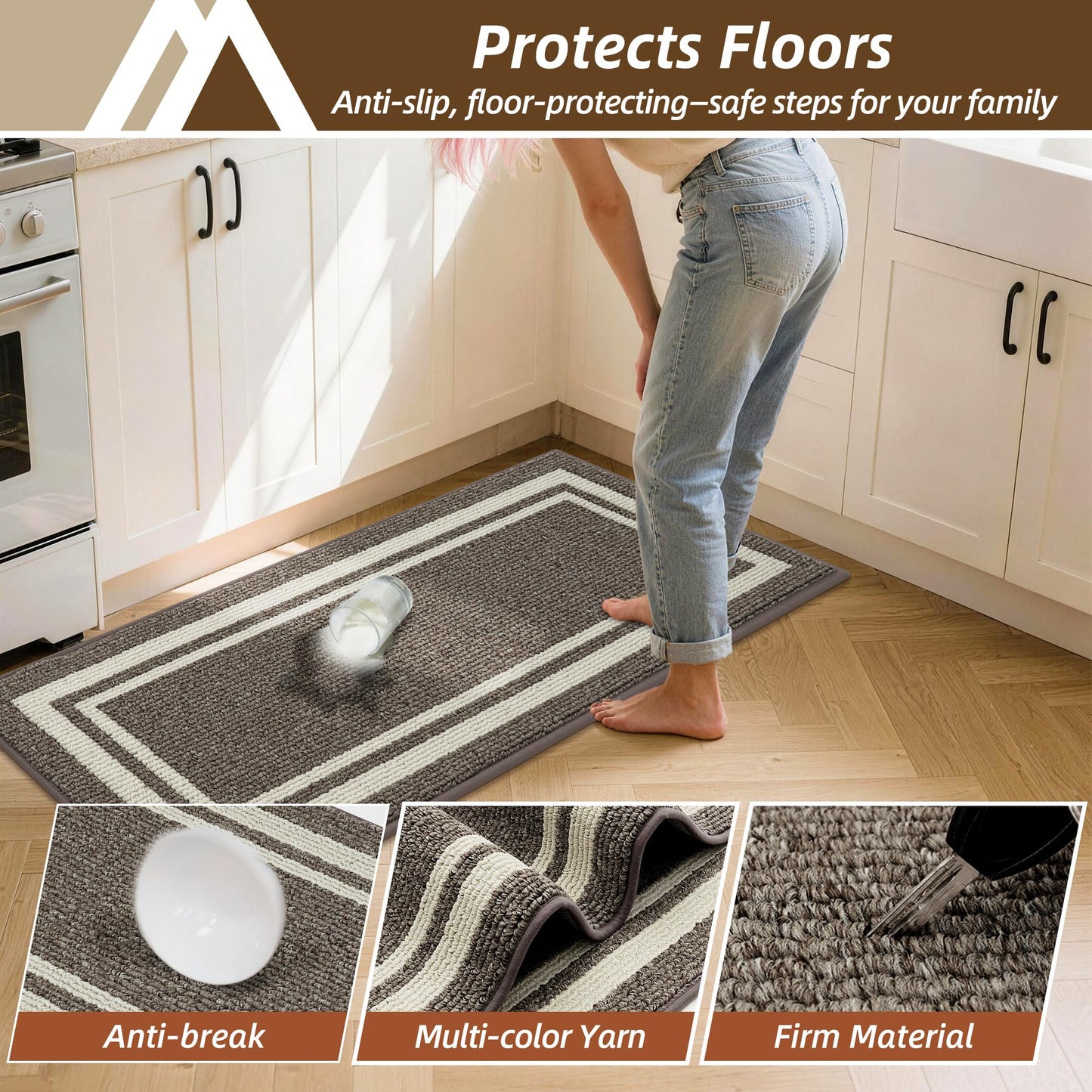COSY HOMEER Kitchen Rugs Non-Slip 24x35/24x60 Inch Thick Polypropylene Standing Mat for Home Machine Washable, Brown Frame