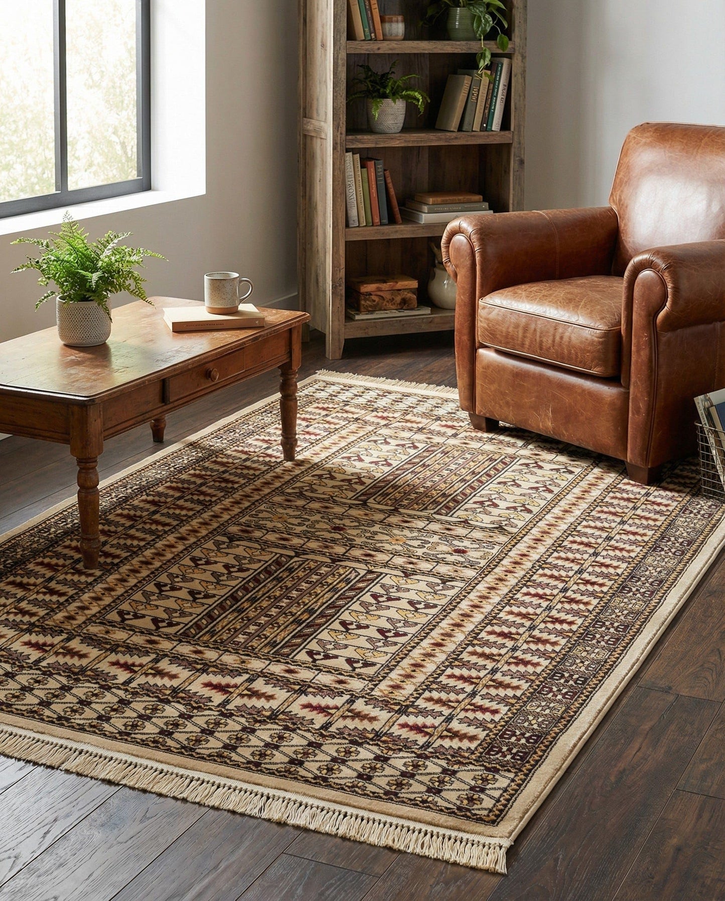 Rugs.com - Bokhara Rug – 5' 3 x 8' Beige Stain-Resistant Area Rug – Traditional Geometric Motif, Low-Pile Carpet for Living Rooms, Dining Rooms, and Home Offices
