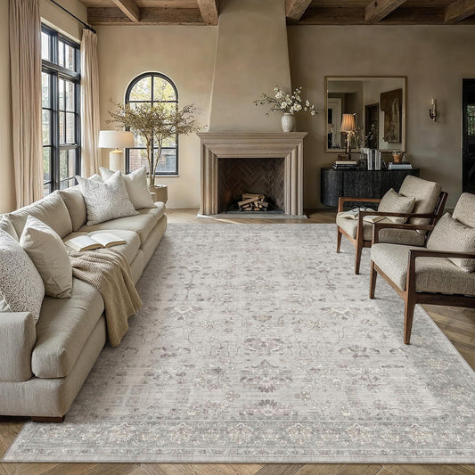 PureCozy 8x10 Living Room Area Rug Gray Washable Vintage Carpet Non Slip Low Pile Bedroom Traditional Distressed Large Throw Retro Grey Rug for Dining Room Home Office