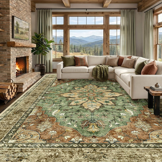 RELEANY Area Rugs Large 9'x12' Washable Non-Slip, Floral Vintage Distress Medallion Carpet for Living Room Bedroom Dining Room, Terracotta Burnt Orange Green