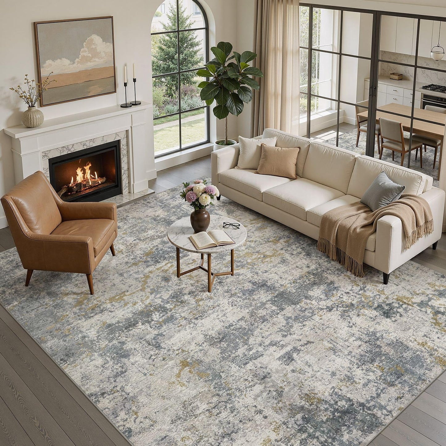 kakania 10x14 Washable Area Rug: Abstract Modern Non Slip Soft Low Pile Carpet, Easy Clean Polyester Kid Pet Friendly, Thin Rug for Living Room Bedroom Kids Dorm Office, Robot Vacuum - Blue Grey