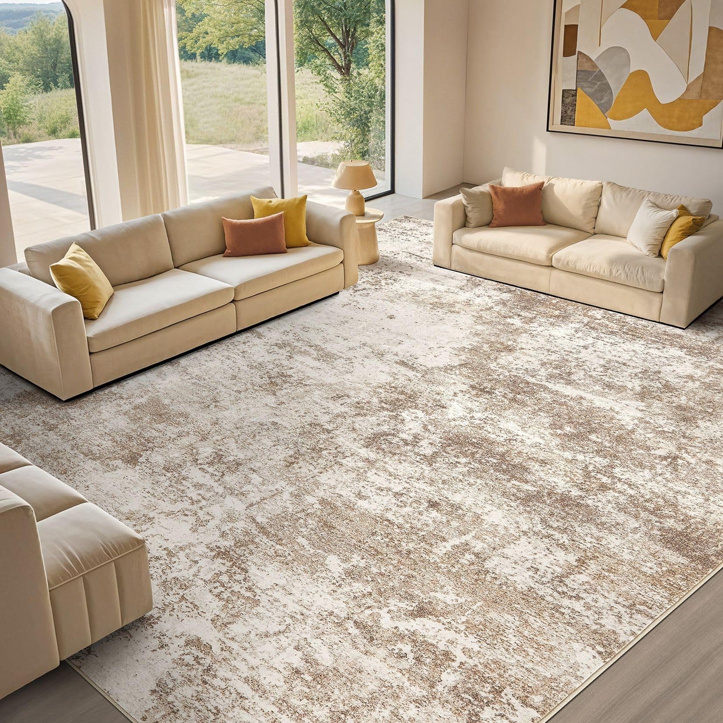 Micgeek Area Rug Living Room - 9X12 Abstract Washable Large Soft Foldable Non Slip Rug Neutral Modern Low Pile Carpet for Bedroom Nursery Dining Room Farmhouse Home Office Indoor - Brown