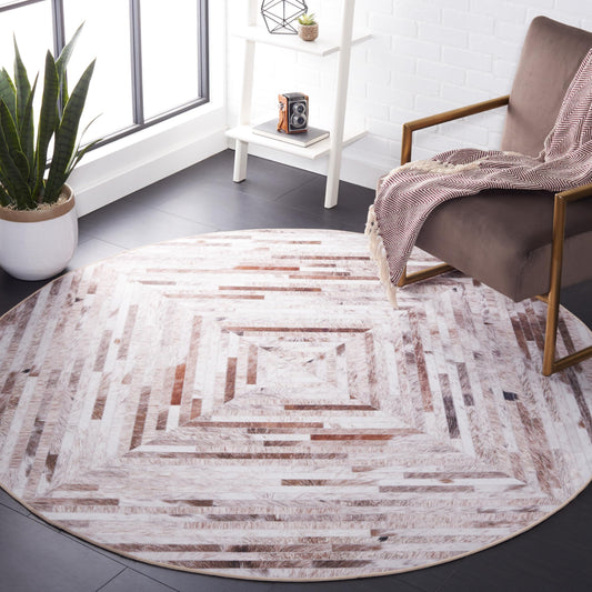SAFAVIEH Washable Rug Faux Hide Collection - 6' Round, Beige & Brown, Slip Resistant, Western Rustic Decor, Printed Pattern, Ideal for Living Room, Bedroom, Home Office, Dining Space (FAH526A)