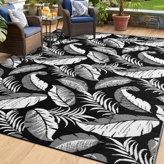 OPPODREAM Reversible Outdoor Rug 8x10, Waterproof Outdoor Plastic Straw Rug for Patio, Tropical Leaf RV Camping Rugs for Outside, Deck, Balcony, Porch, Backyard, Camping, Rv, Black and White