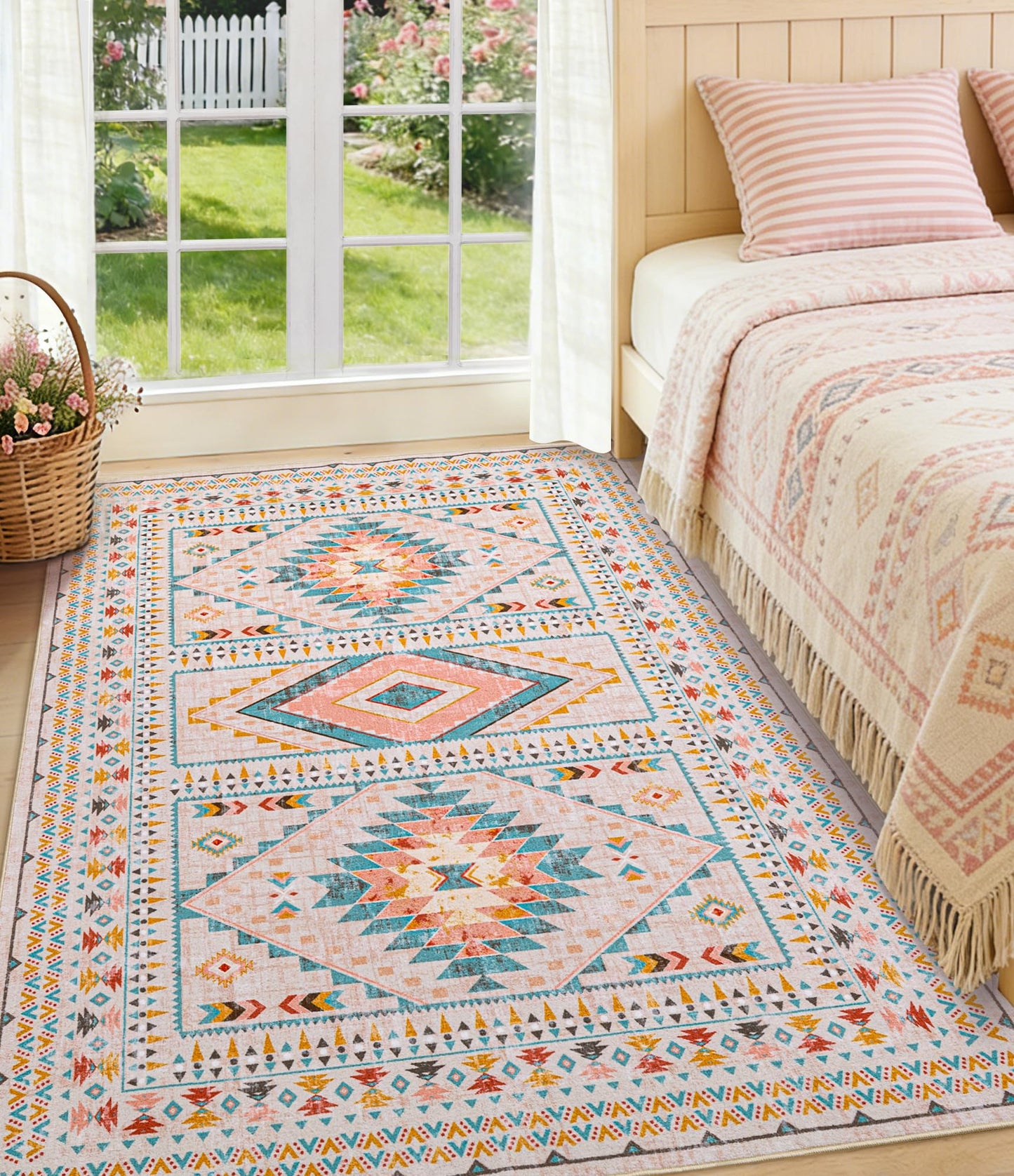 YIHOUSE Boho Living Room Area Rug 5'x7', Pink/Blue