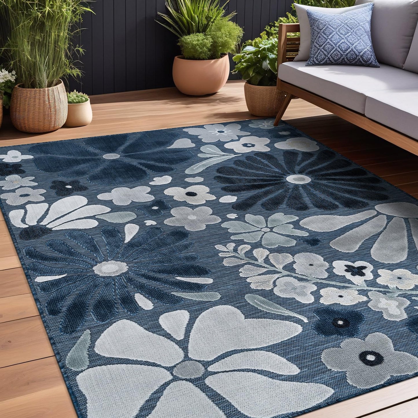 Beverly Rug Outdoor Rug 8x10 Modern Floral Tropical Area Rugs for Outdoor and Indoor Patio Easy to Clean Non Shedding Living Room Porch Garden Washable Outside Carpet (8 x 10 Navy)