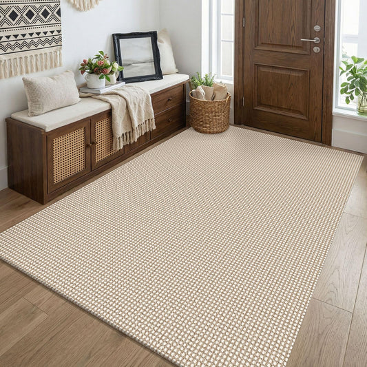 KOZYFLY Washable 4x5 Entry Woven Area Rug, Braided Throw Rugs for Entryway, Non Slip Door Mat Indoor Entrance, Flatweave Carpet for Foyer, Bedroom, Dining, Office, Ivory/Camel/Brown