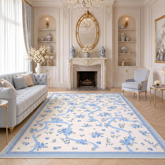 GarveeHome Floral Bow Rugs for Bedroom Girls, 5x7 Area Rugs for Living Room with Soft Low Pile, Non Slip Blue and White Washable Rug 5x7 for Nursery Kids Playroom Dining Room College Dorm Rug
