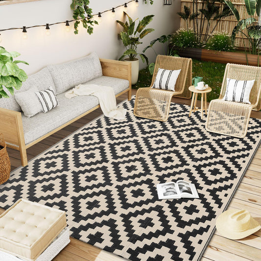 OLANLY Waterproof Outdoor Rug 5x8 ft, Outdoor Plastic Straw Rug for Camping, RV Mat Outside, Outdoor Carpet for Porch, Deck, Backyard, Balcony, Picnic, Black & Beige